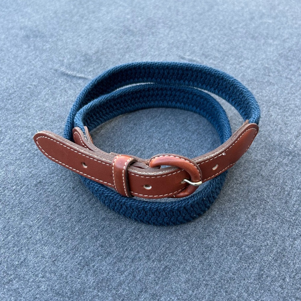 Orvis‎ Braided Stretch Belt Mens 36 Navy Elastic Woven Brown Leather Casual